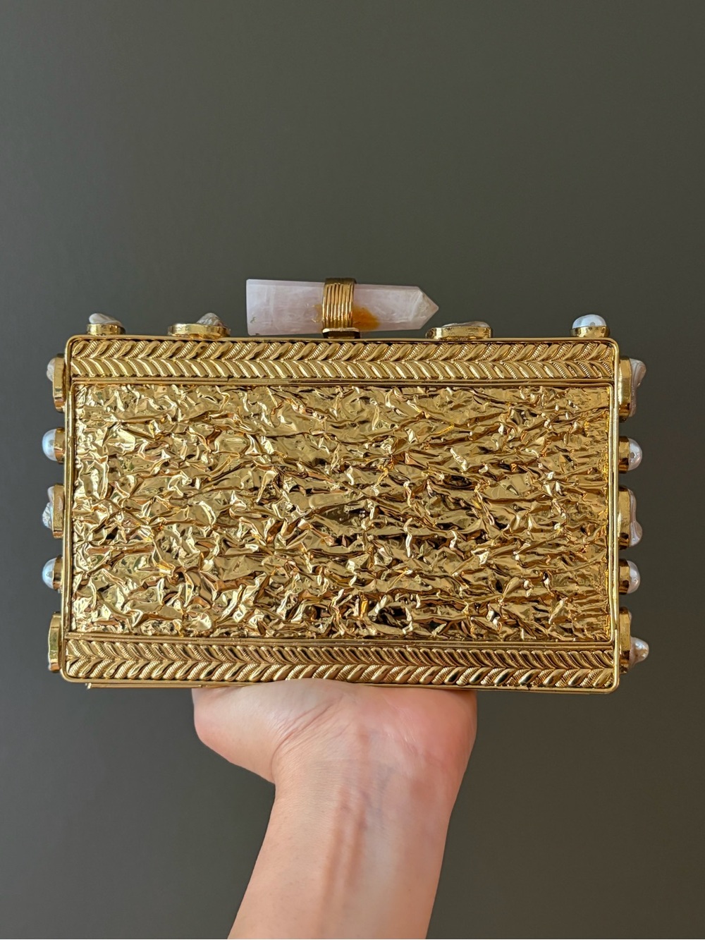 Gold and Shell Rectangular Evening Clutch with Rose Quartz Accent - Picture 4 of 7
